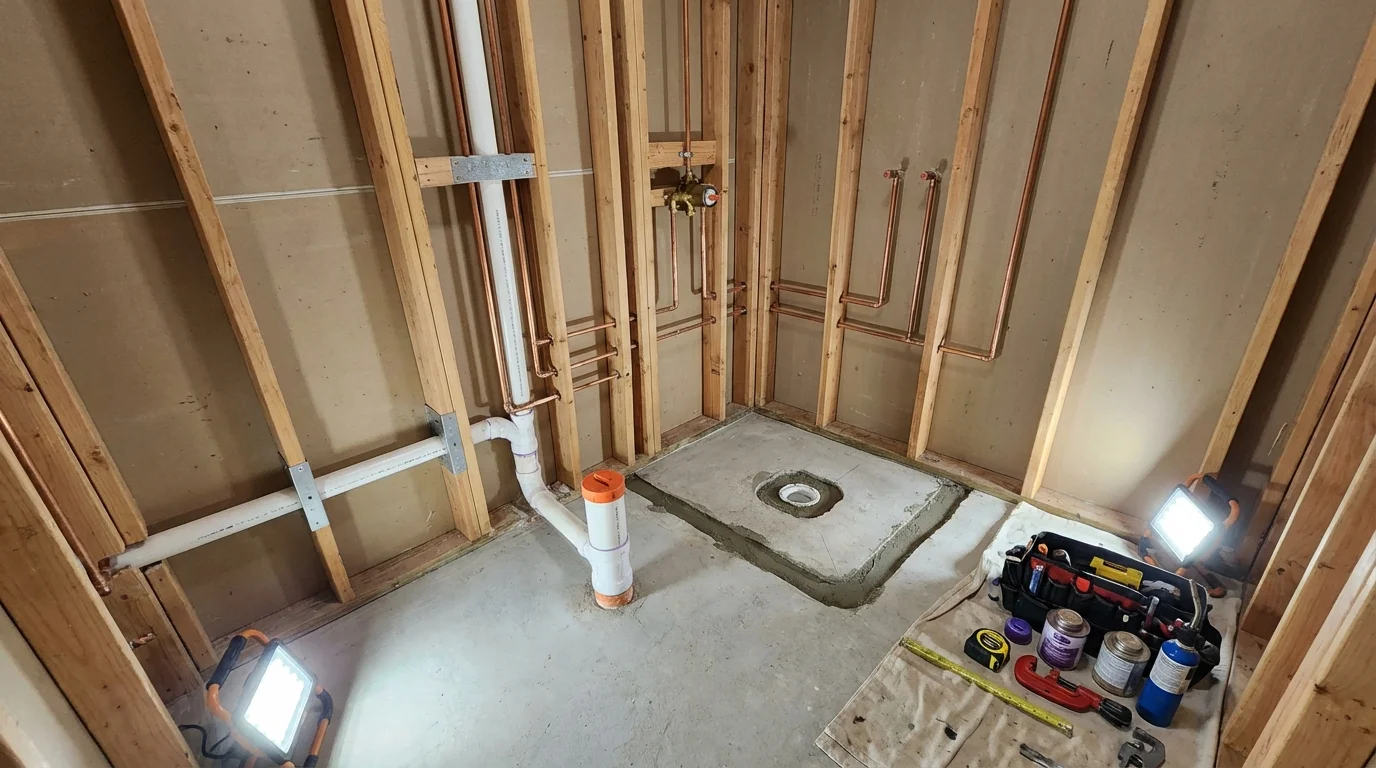 Bathroom rough-in plumbing during remodel by Johns Plumbing LLC in Colfax