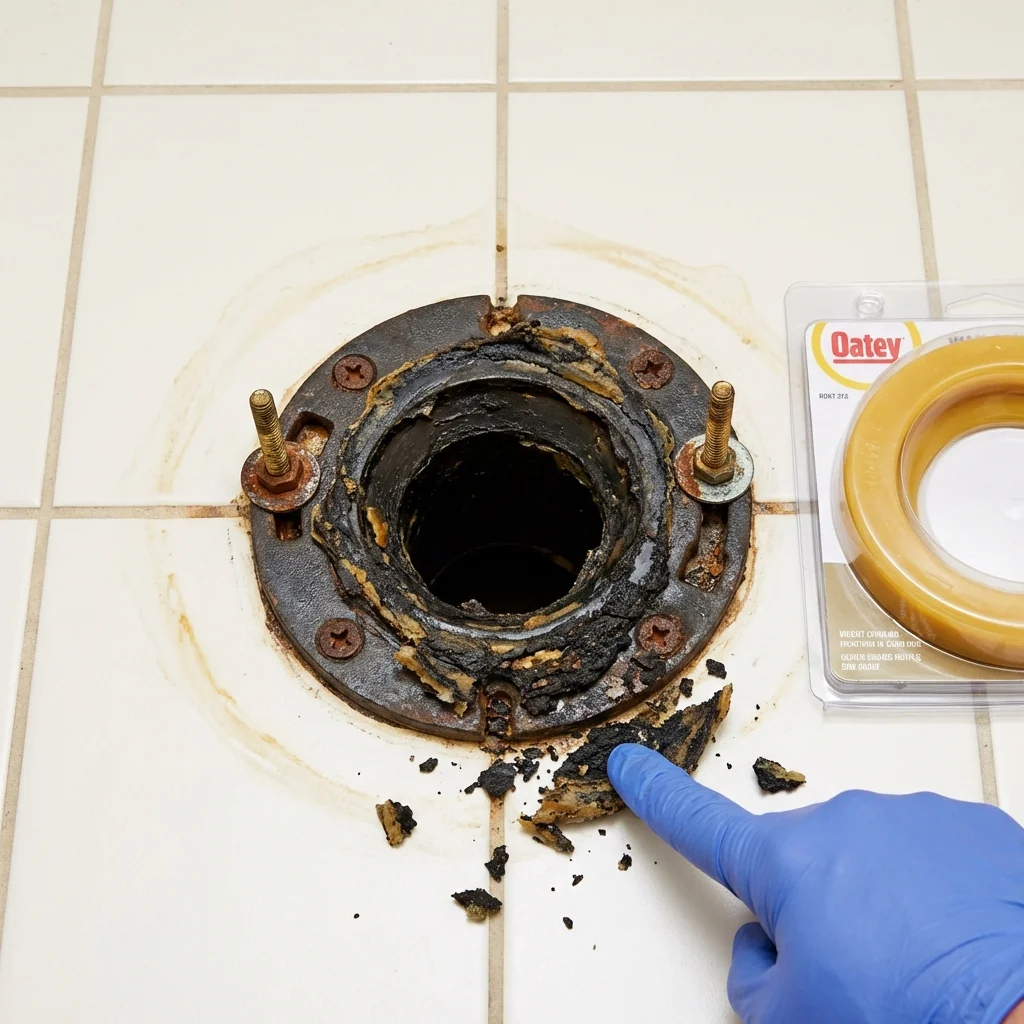 Failed wax ring showing water seepage at the base of a toilet in a Colfax, IL home