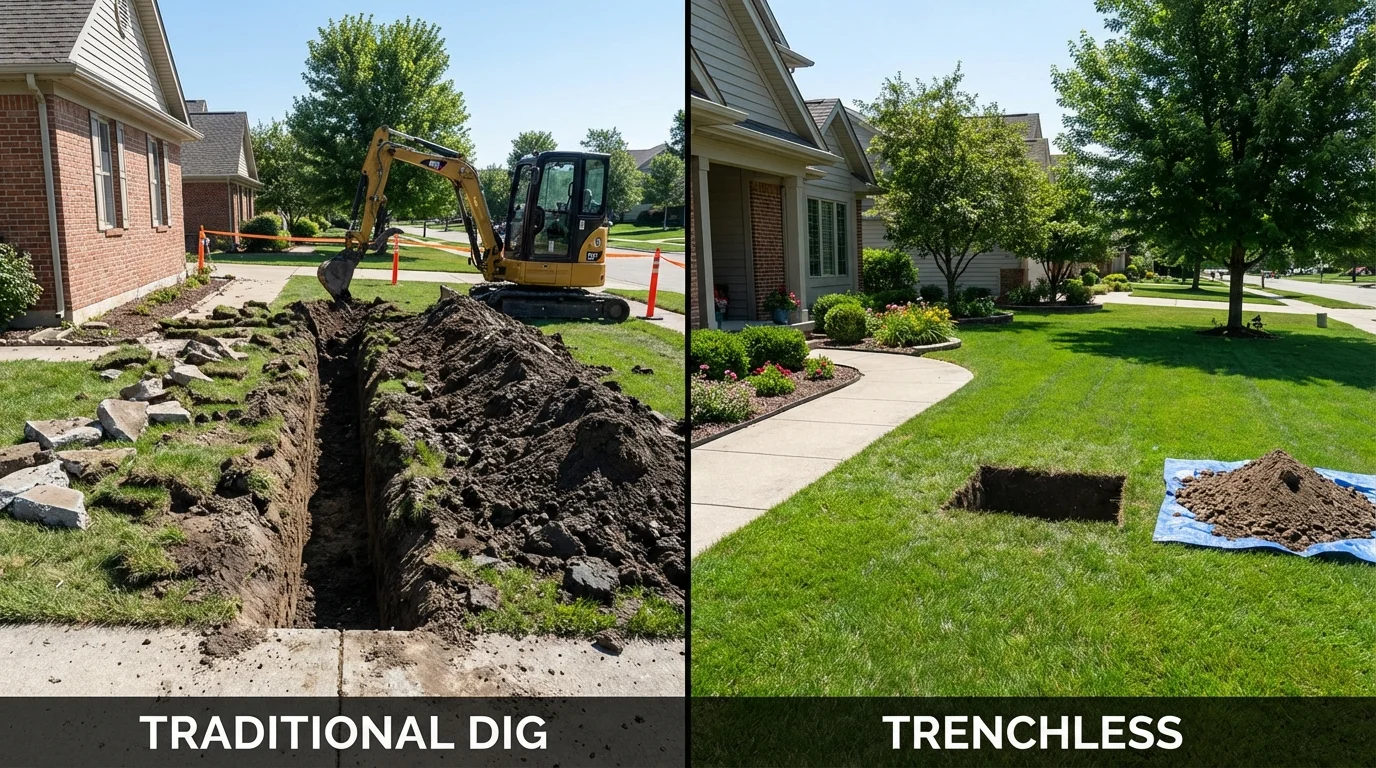 Trenchless sewer repair with minimal yard damage versus traditional excavation in Colfax, IL