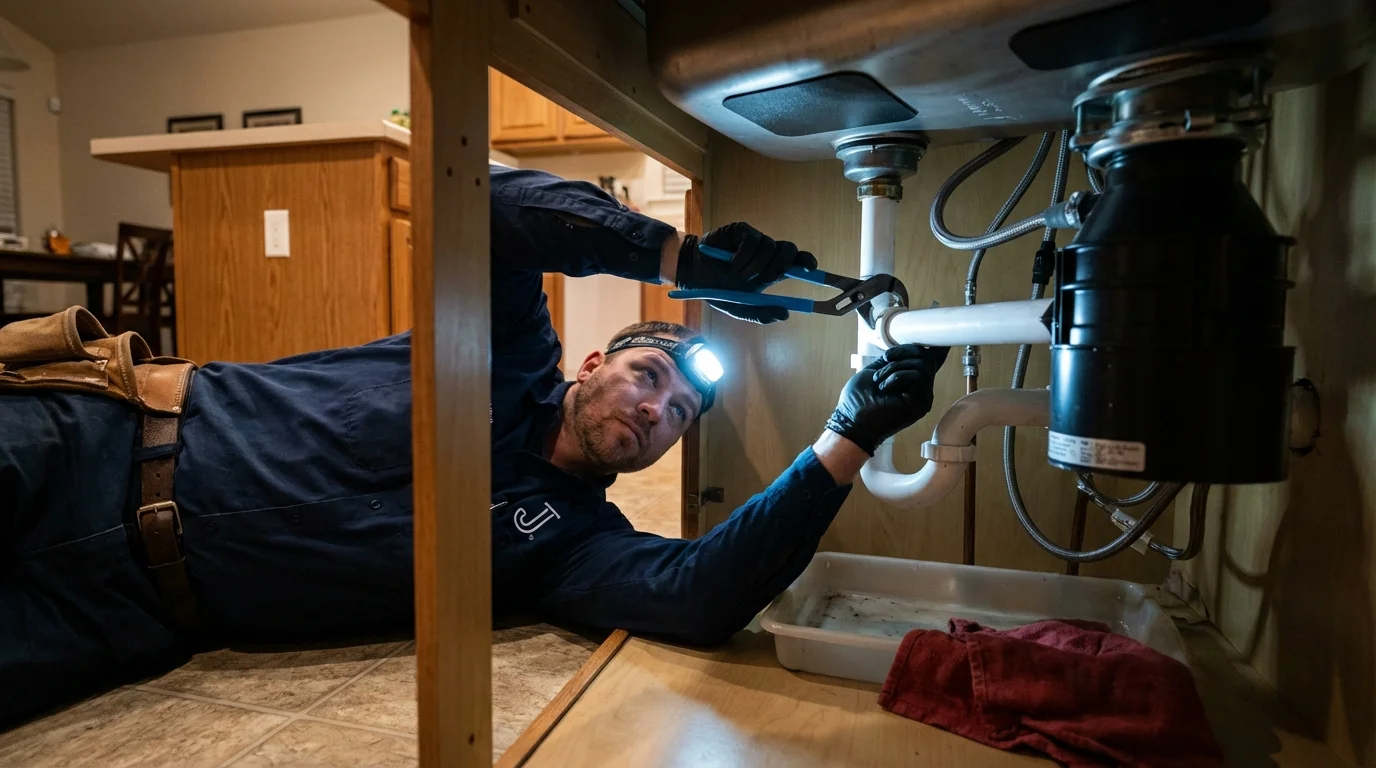 P-trap and supply line connections under a kitchen sink showing a common leak point in Colfax, IL